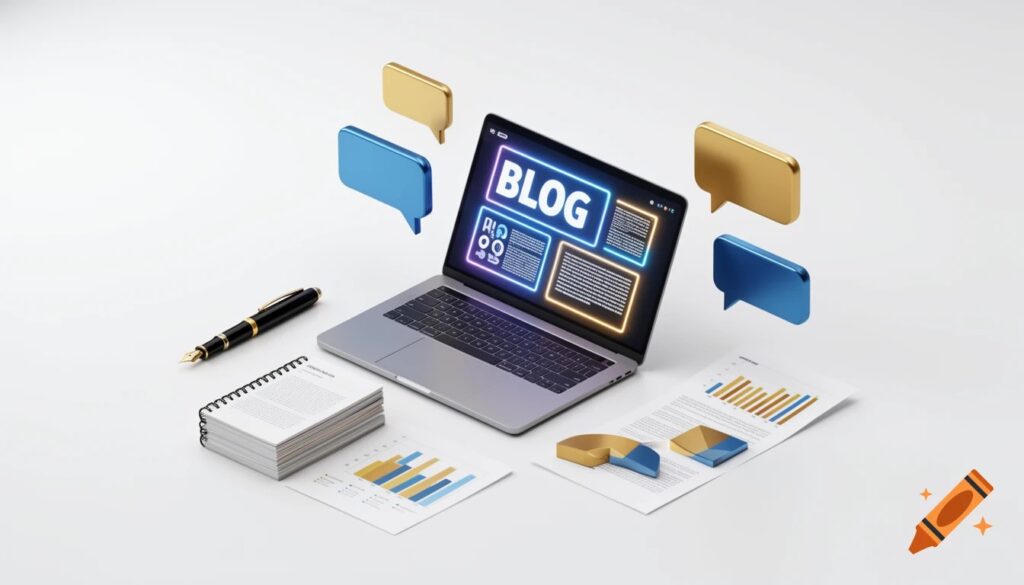 Vinderr Blog & Marketing Tips Een sfeervolle 3D illustratie van een digitale marketing werkplek voor de blog van Vinderr.nl met tips voor ondernemers.