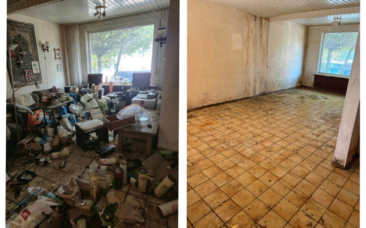 Splitscreen van een vervuilde woning vol troep links en een volledig ontruimde kamer rechts door Woningontruiming Zuyd