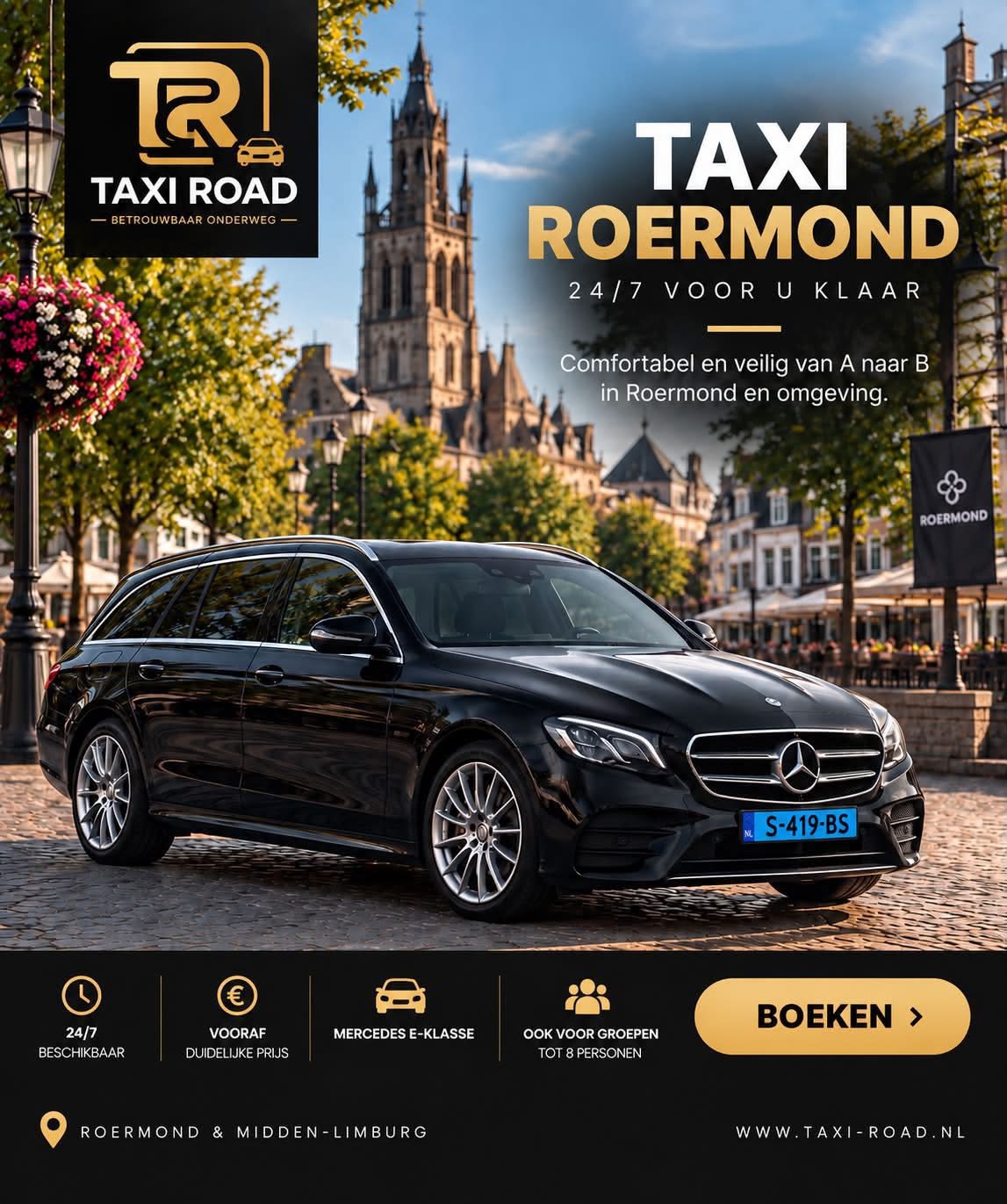 Een bedrijfswagen van Taxi Road Roermond en Midden-Limburg