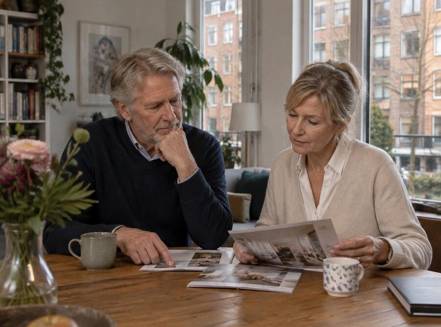 Een Nederlands senioren echtpaar zit rustig aan de eetkamertafel in hun appartement en bekijkt folders en plattegronden van woningen met advies van Seniorenmakelaar Amsterdam.