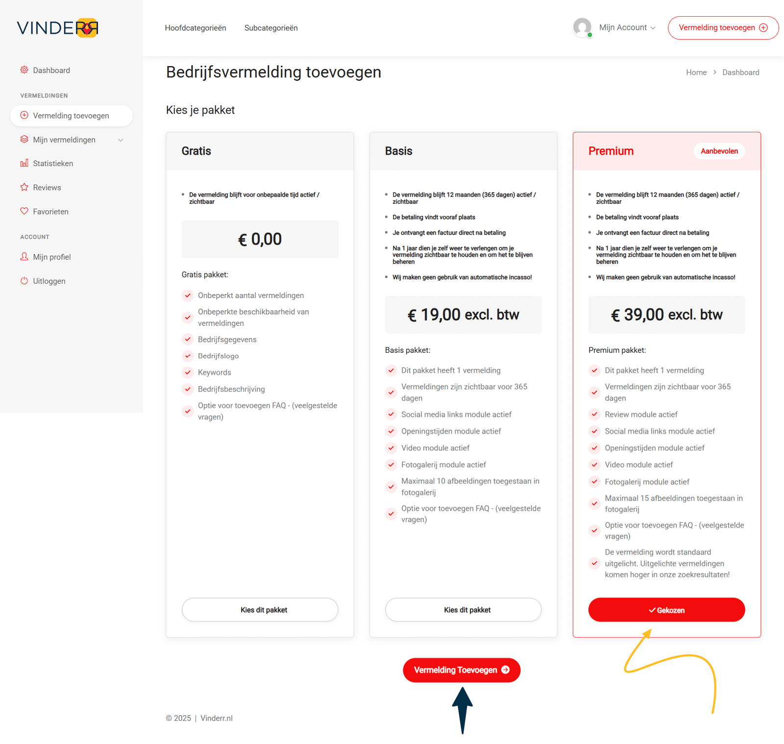 vinderr-dashboard-kies-pakket-bedrijfsvermelding
