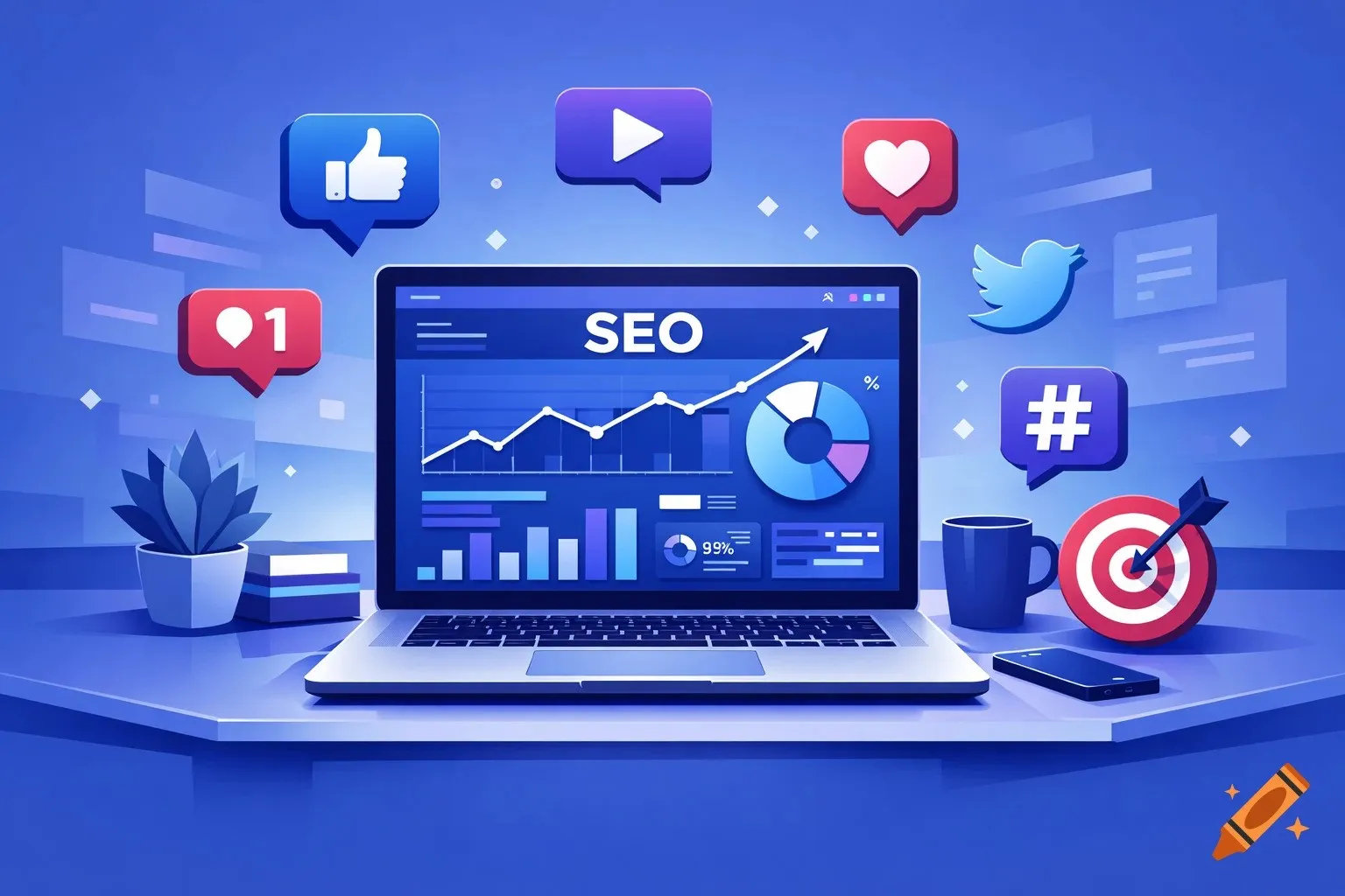 Visuele weergave van een complete online marketing strategie, met grafieken, social media iconen, SEO en advertenties, inclusief verwijzing naar Vinderr.nl