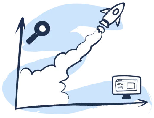 Illustratie van een raket die opstijgt naast een computerscherm en vergrootglas, symbool voor de online groei en verbeterde vindbaarheid door Sky Internet Marketing.