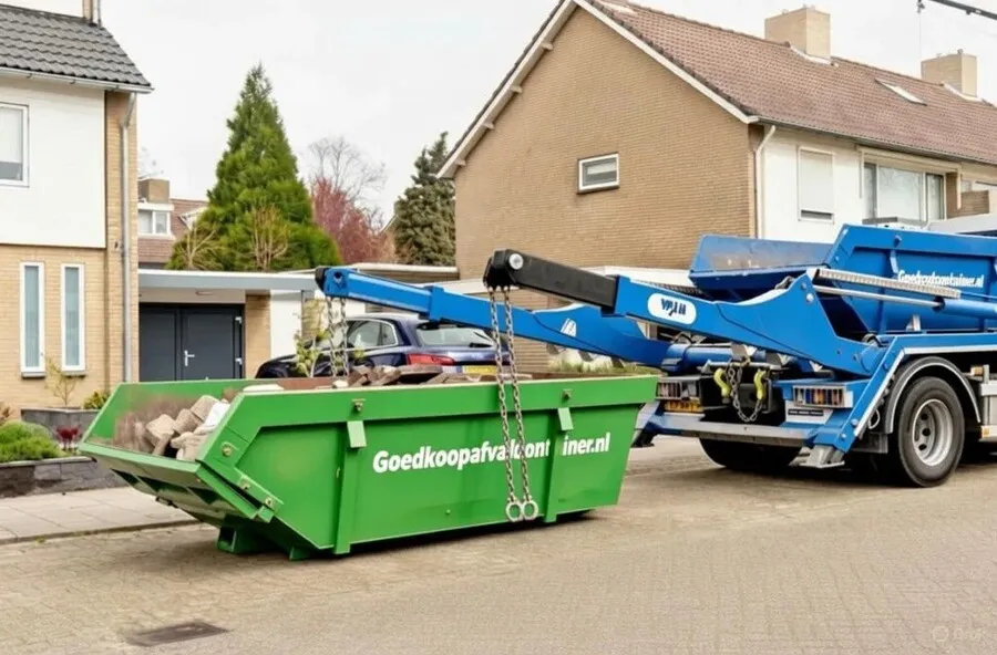 Een afbeelding van een afvalcontainer van Goedkoop Afvalcontainer die op het punt staat om te worden opgehaald door Goedkoopafvalcontainer.nl uit Hellevoetsluis