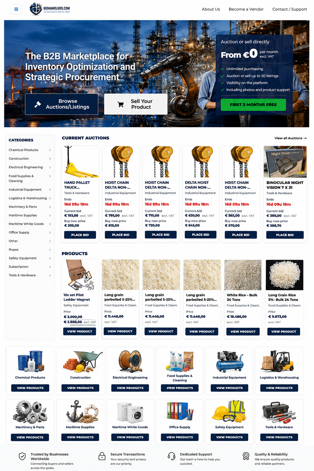 Screenshot van de website Bidhandlers.com met een overzicht van categorieën actuele veilingen en producten