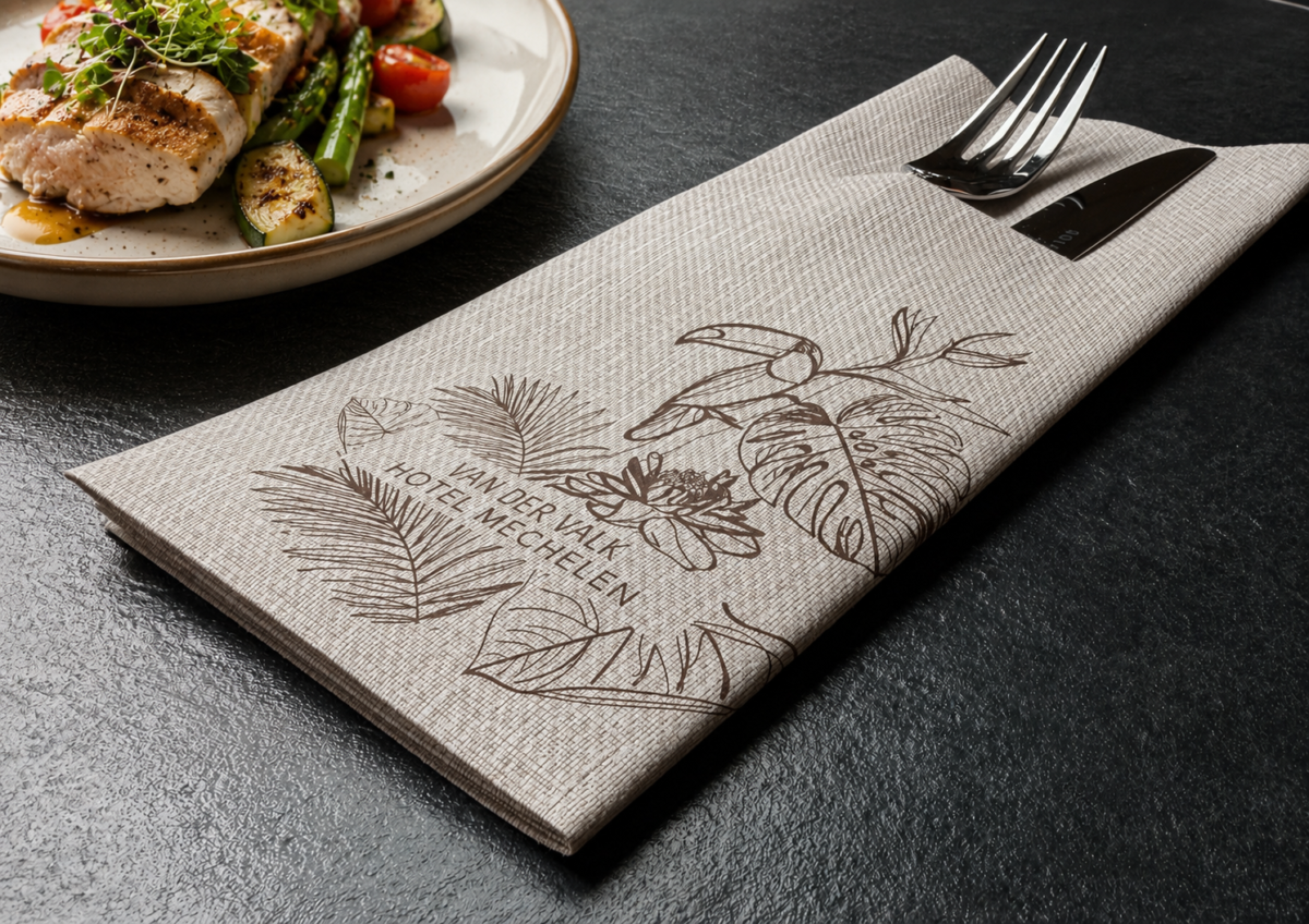 Clean Feeling luxe bedrukt pocket airlaid servet met bestekinsteek van Van der Valk Hotel Mechelen op een gedekte tafel naast een bord eten