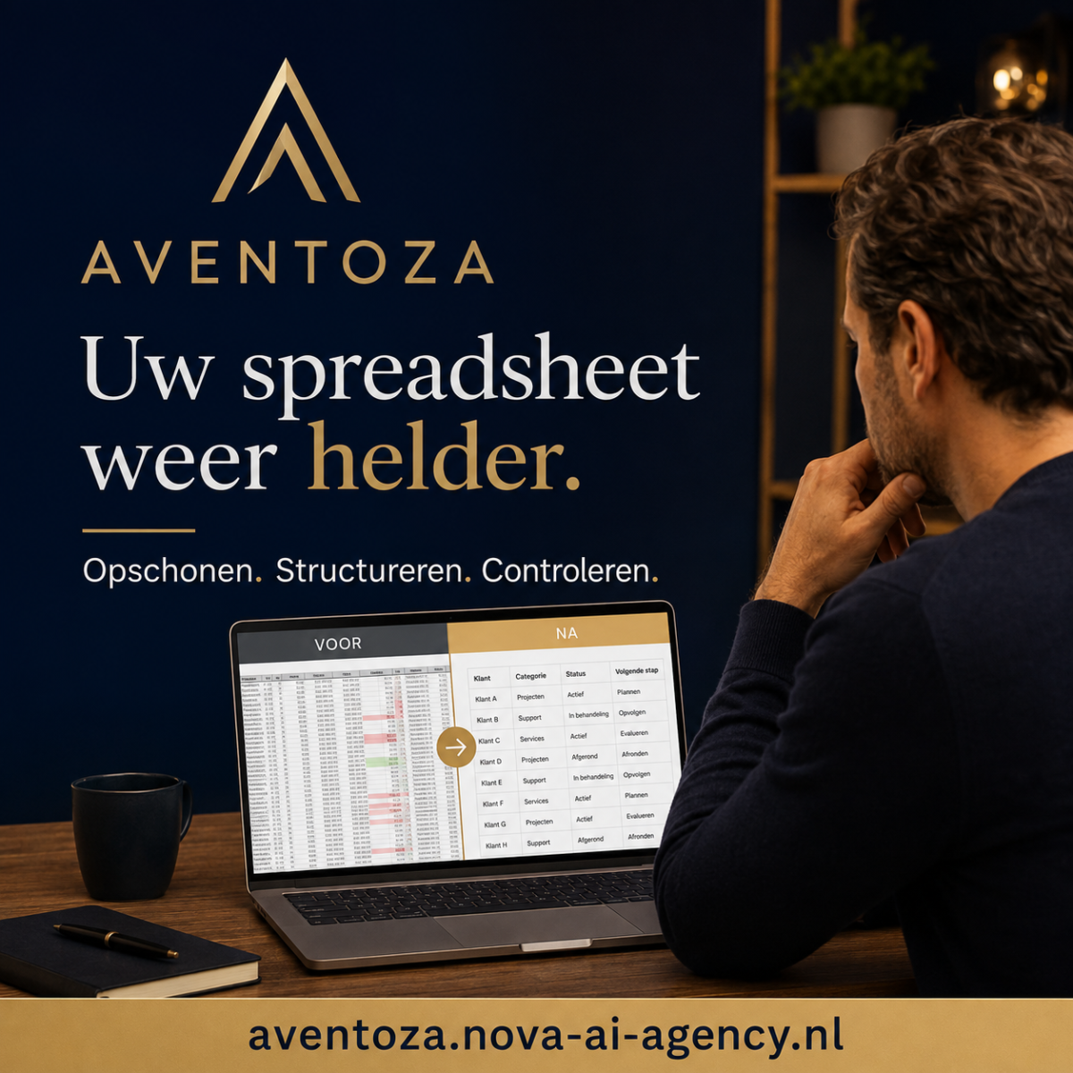 Fictieve AI illustratie van Aventoza die een persoon toont die een rommelig Excel bestand en CSV export opschoont
