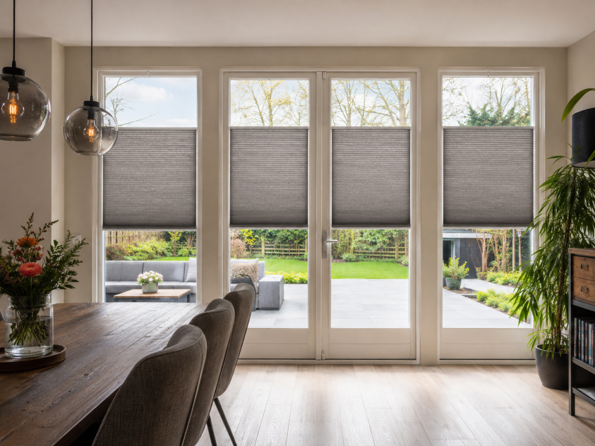 Stick en Fit plissegordijnen van Plissezonderboren.nl op het glas van vier grote ramen, waarvan de middelste twee openslaande deuren zijn in een moderne woonkamer