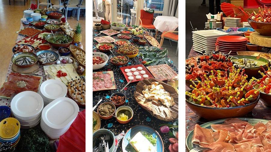 Drieluik sfeerafbeelding van Tapas Catering met lange tafels die rijkelijk gevuld zijn met diverse Spaanse borrelhapjes, tapas en mediterraan buffet.